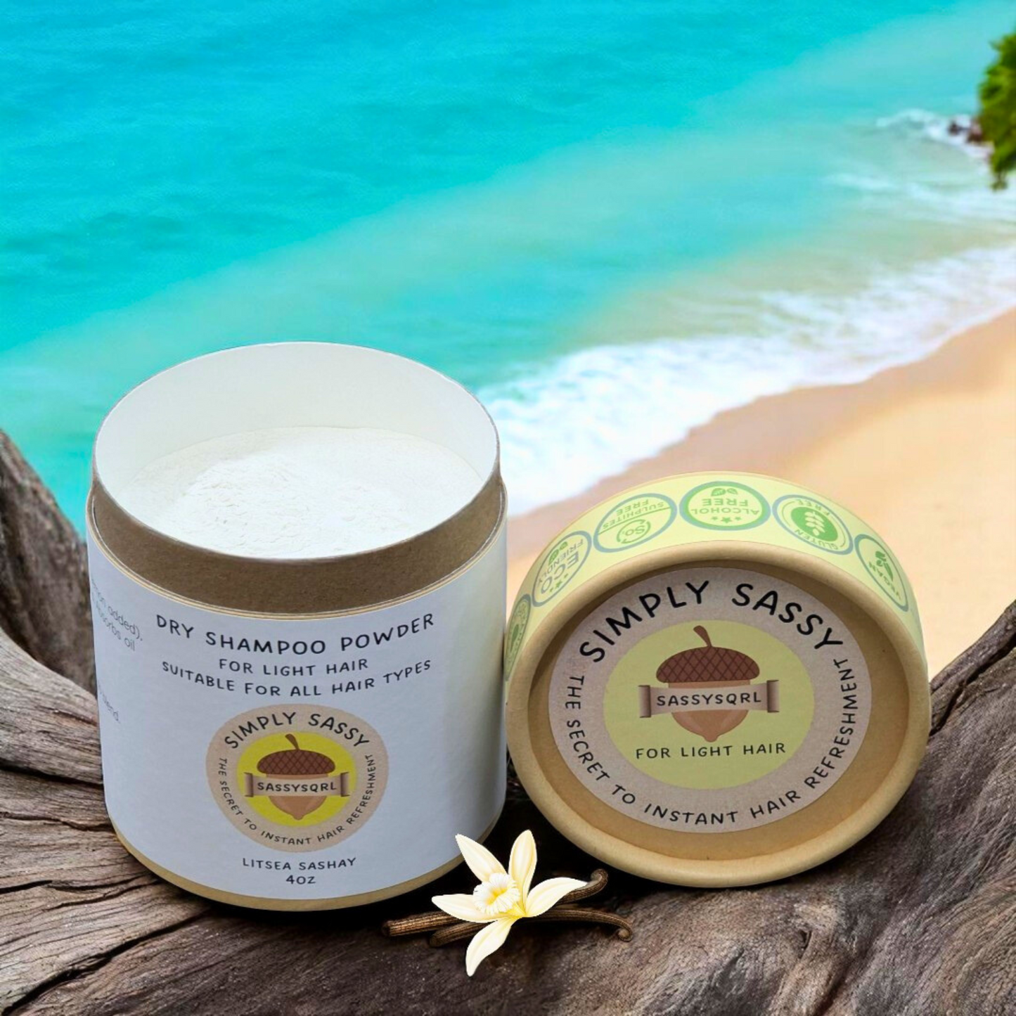 Simply Sassy Litsea Sashay Dry Shampoo Powder 4oz with lid off showing powder inside container - organic, talc-free, cornstarch-free