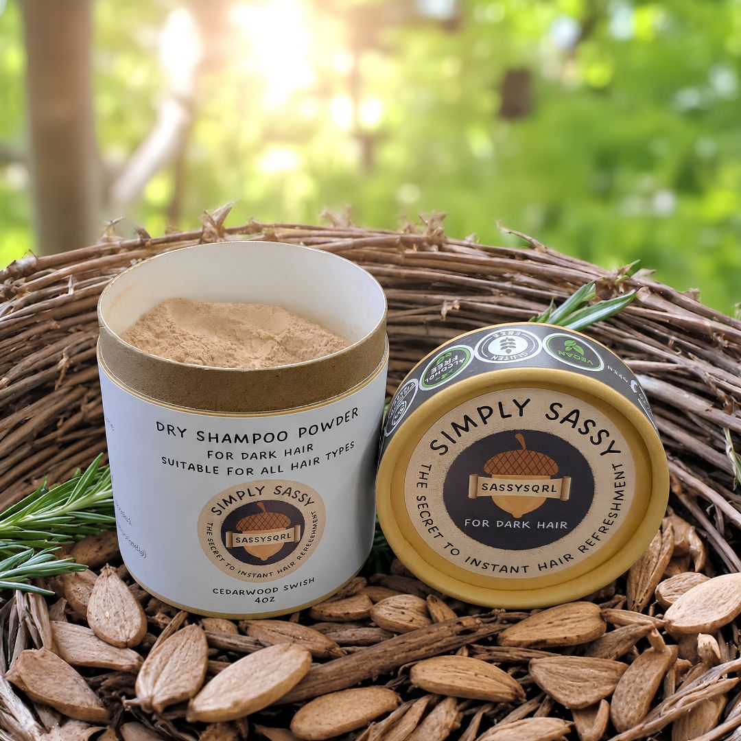 Simply Sassy Dry Shampoo Powder – Cedarwood Swish for Dark Hair (4 oz)
