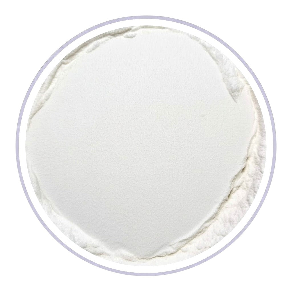 Close-up of Simply Sassy Cedarwood Bounce dry shampoo powder texture in container - fine, oil-absorbing powder for hair refresh