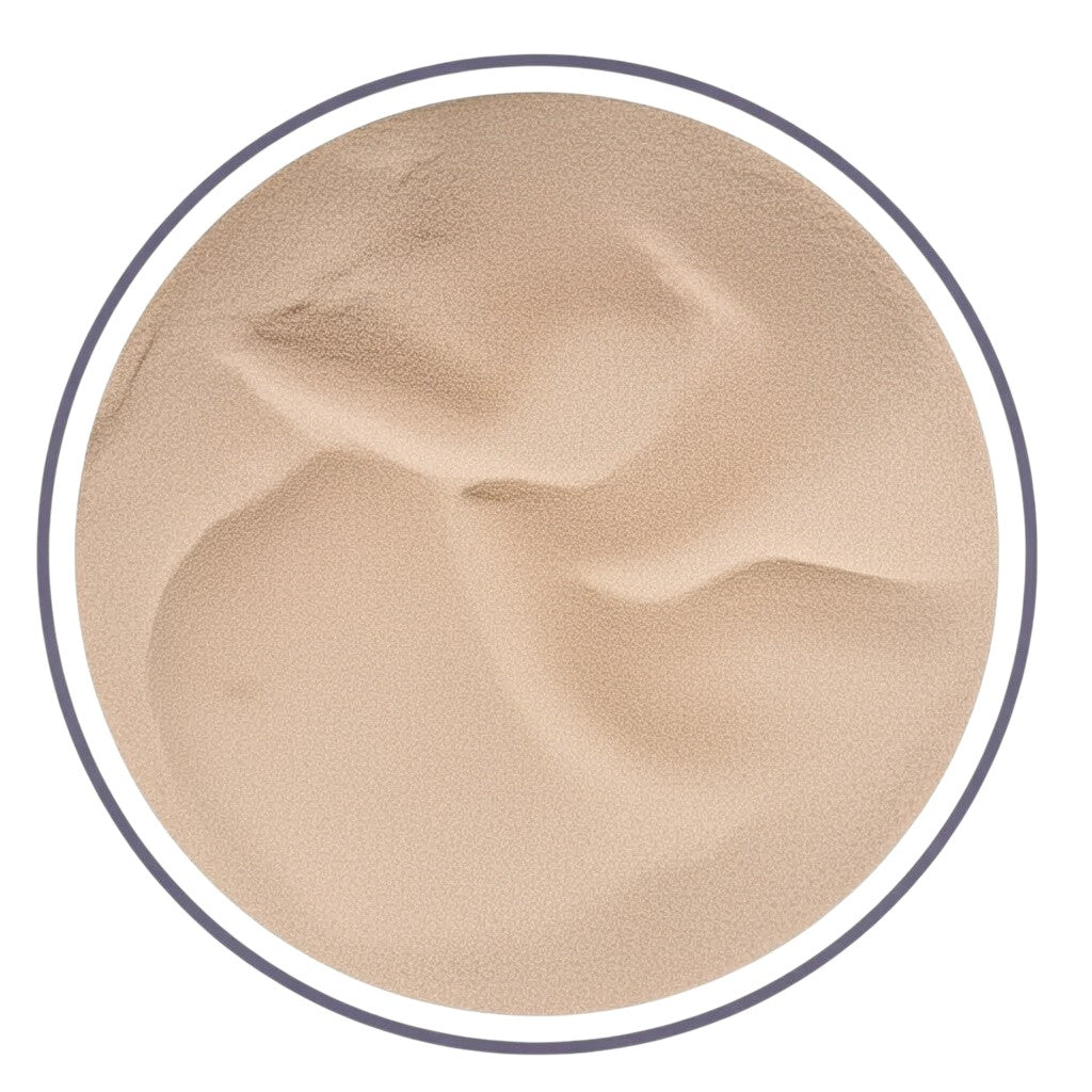 Close-up of Simply Sassy Cedarwood Swish dry shampoo powder texture in container - fine, oil-absorbing powder for hair refresh