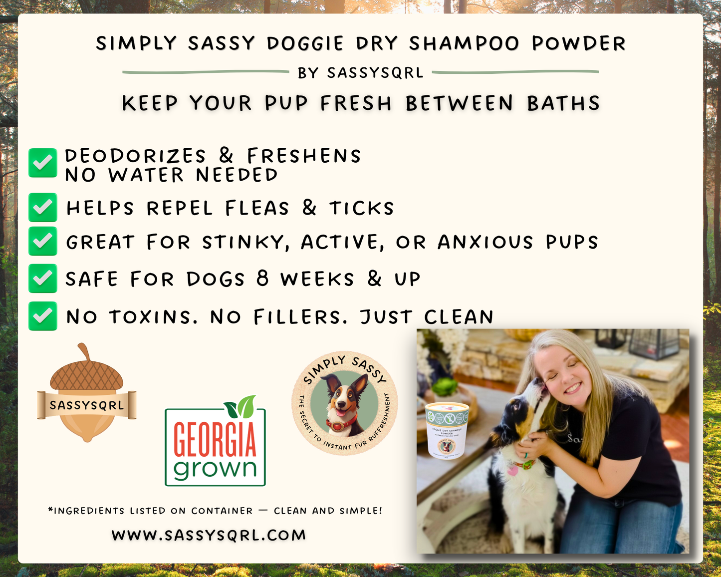 Simply Sassy Waterless Dog Dry Shampoo Powder-Frankincense Lavender Frolic – (4 oz)