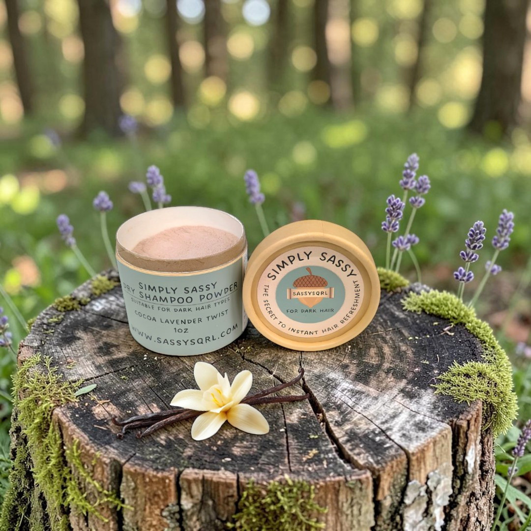 Simply Sassy Dry Shampoo Powder – Cocoa Lavender Twist Travel Size for Dark Hair (1 oz)