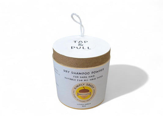 Simply Sassy Litsea Dance Dry Shampoo Powder 4oz container with pull-tab lid in place for easy application